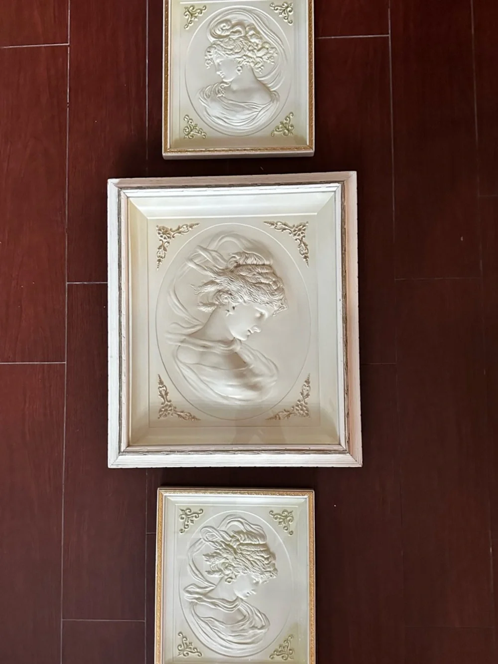 1960s TURNER CO. “East Wind” Three-set Cream Cameo Wall Plaques  Large 20 x 17”
